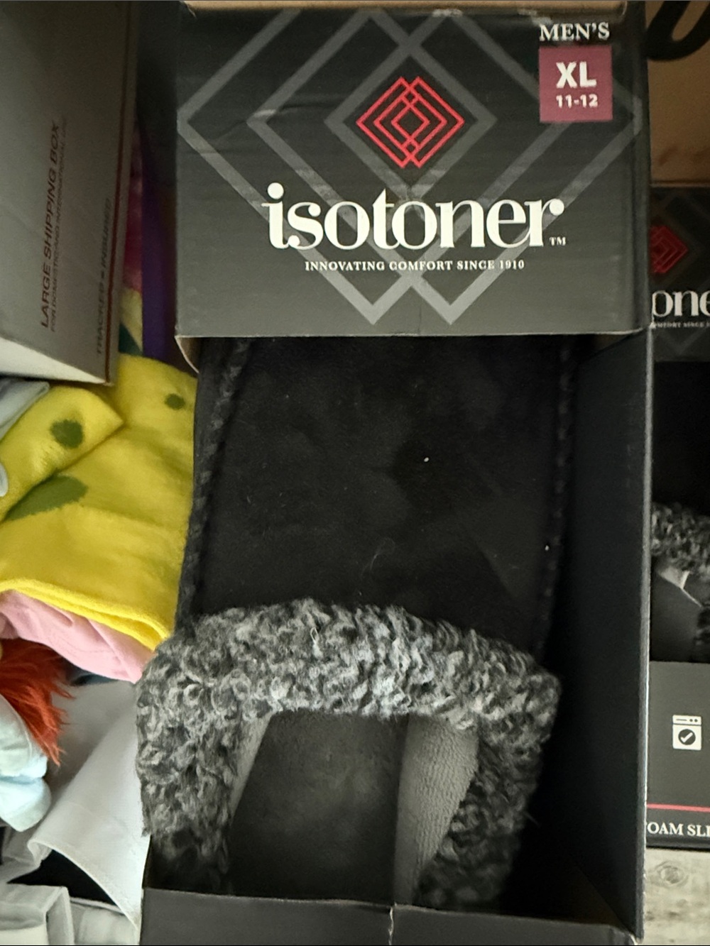 isotoner Black Slippers with Gray Faux Fur Trim
